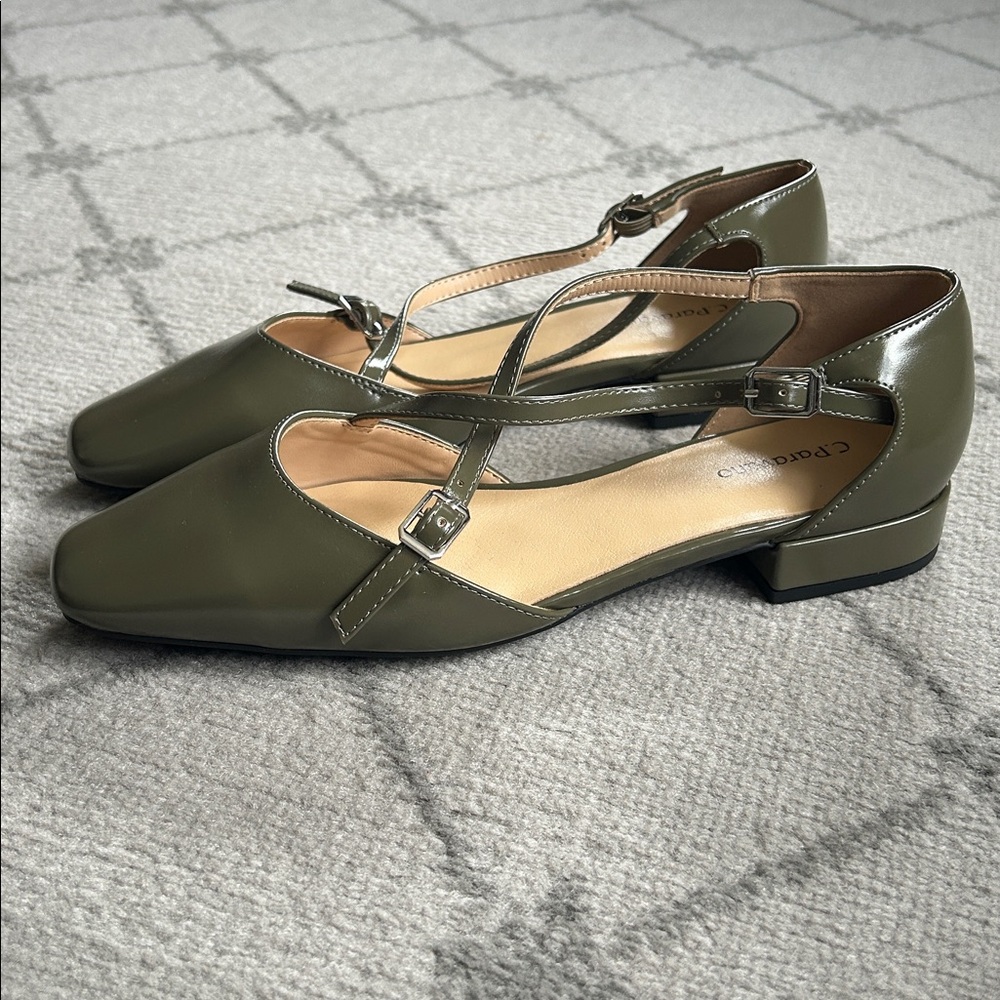 C.Paravano Olive Square Toe Cross Strap Sandals ALYSSA E